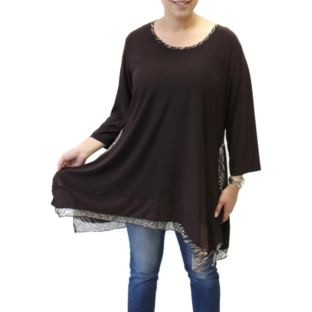 Pretty Woman Solid Tunic With Animal Print Trim, Brown - Plus Size